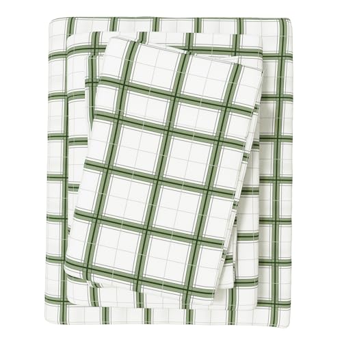 Great Bay Home Flannel Sheets Queen Size - 100% Turkish Cotton, Double-Brushed, Plaid and Stripe Bed Sheet Set - Ultra-Soft, Cozy, 4-Piece Bedding Set (Block Plaid - Green/Grey)