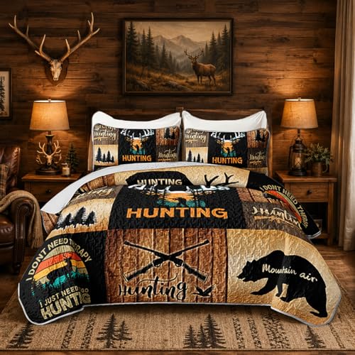 HOSIMA Hunting Bedding King,Deer Bear Patchwork Quilt with 2 Pillowcases. - Forest Western Bedding for Hunting Room Decor,Brown Hunting Themed Plaid Patchwork Quilt for Adults Room Decor