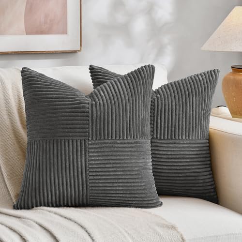 Fancy Homi 2 Packs Dark Gray Samll Decorative Throw Pillow Covers 12x12 Inch with for Couch Bed Sofa, Rustic Farmhouse Boho Home Decor, Soft Corss Patchwork Corduroy Square Cushion Case 30x30 cm