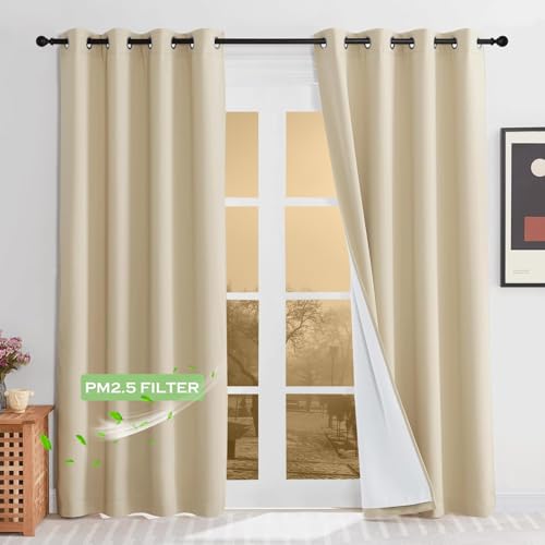 KGORGE Anti-Dust Soundproof 100% Blackout Curtains 100% Blackout 4 Layers - Anti-Dust, Heavy Duty Energy Efficiency Drapes for Living Room Baby Bedroom Home Office Studio, W52 x L95, Beige, 2 Panels
