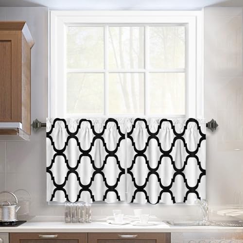 Melodieux Moroccan Fashion Tier Curtains for Kitchen, Geometric Print Rod Pocket Curtains for Cafe Bathroom Small Windows, 29 x 24 Inch, Off-White/Black