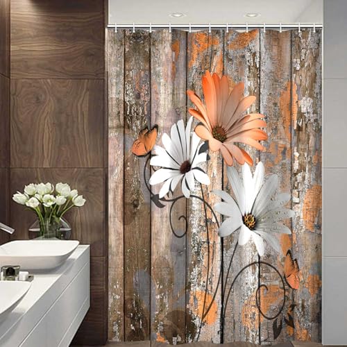 JAWO Farmhouse Flower Floral Shower Curtain, Rustic Orange Daisy Shower Curtain Set, Country Orange Wild Garden Plant Fabric Shower Curtain with Hooks, Brown Wooden Board Bathroom Curtain, 54x70inch