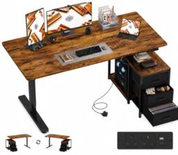 IRONCK Electric Standing Desk 160x80cm with Power Outlet & 3 Drawers,Brown
