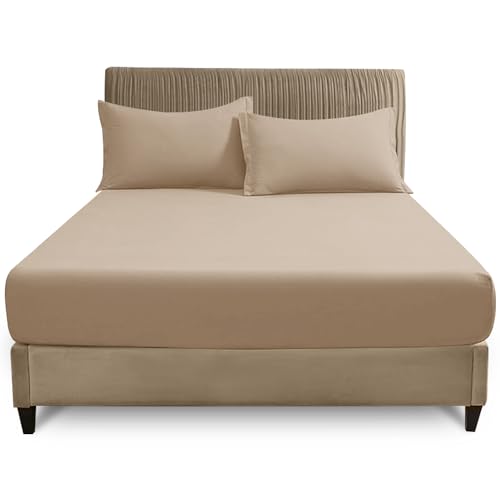 GC GAVENO CAVAILIA Super King Fitted Sheet (180x200 cm) - Soft Polycotton Fabric - Anti Allergic - Fade Resistant Bed Linen - Elasticated 25cm Deep Plain Bottom Sheet, Natural
