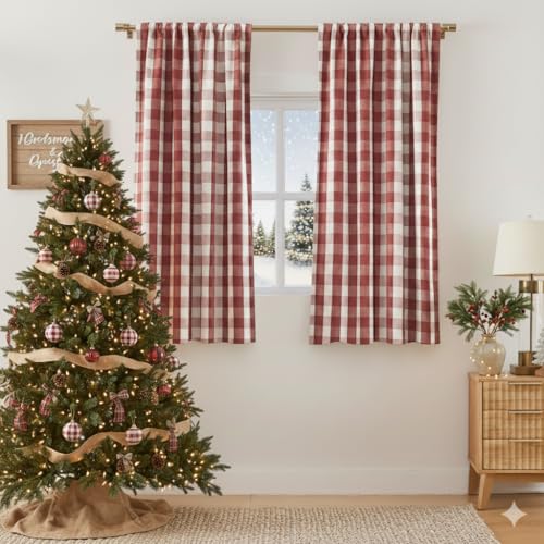 "Bapawfish 72 Inch Red White Buffalo Plaid Full Blackout Curtain Panels - Farmhouse Gingham Drapes for Bedroom,Thermal Insulated Window Treatment,Rod Pocket Back Tabs,40""Wx72""Lx2"