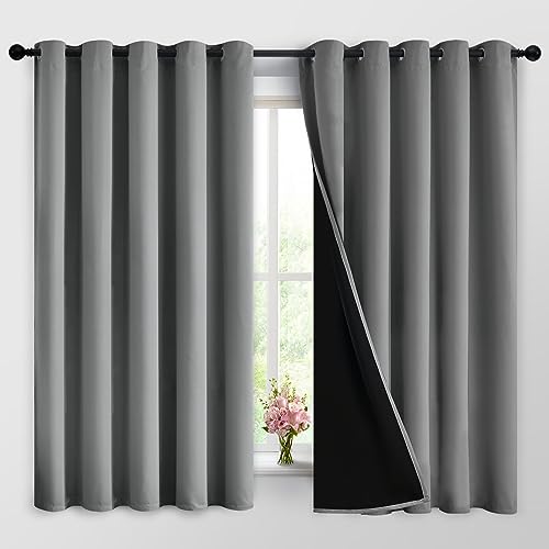Yakamok 100% Grey Blackout Curtains for Bedroom, Light Blocking Thermal Insulated Noise Reducing Blackout Drapes for Living Room(62Wx63L, 2 Panels)