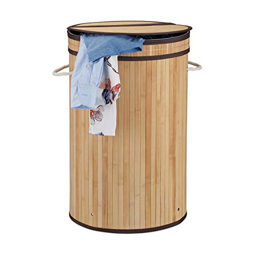 Relaxdays Lidded Laundry Hamper, Round Clothes Sorter, 65 Litres, XXL Stand, Natural