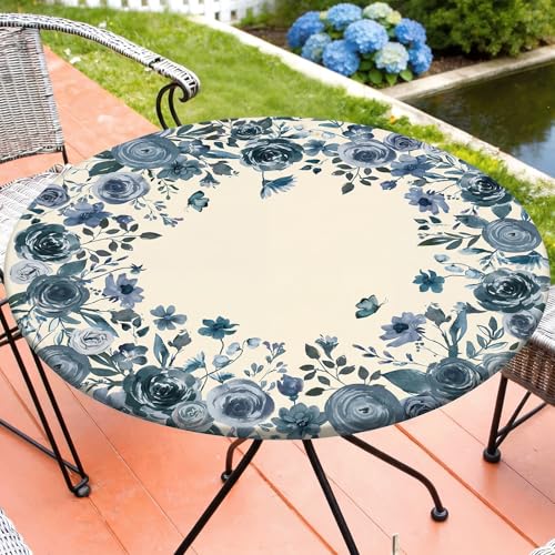 "Round Tablecloth Fitted Elastic Waterproof Table Cover for 36""-44"" Tables - Outdoor Round Tablecloth With Windproof Elastic Edges And Wipeable Fabric For Picnic And Patio Dining"