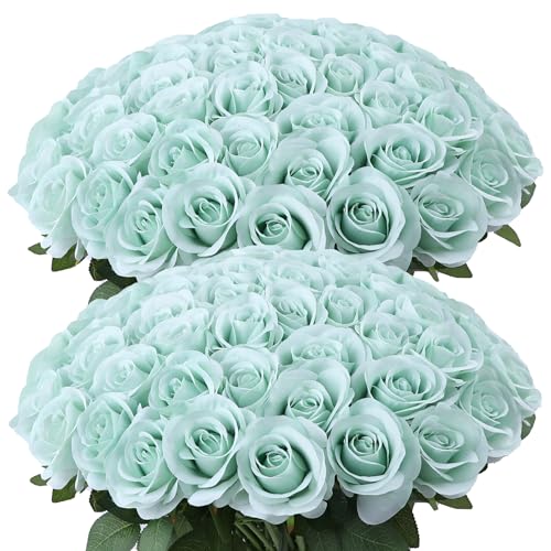 JUSMAI 50pcs Sage Green Roses Artificial Flowers Real Touch Fake Flowers with Long Stems Silk Flowers for Wedding Bouquet Centerpices Decorations Party Bridal Baby Shower Home Decor
