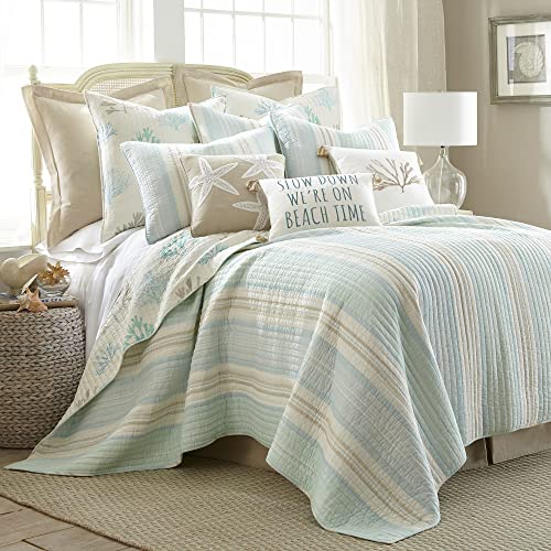 Levtex Stone Harbor Full/Queen Quilt Set Bedding, White with Teal & Taupe, Cotton