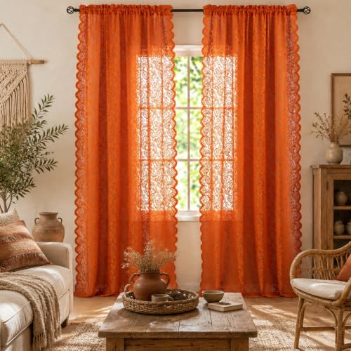 ALIGOGO Luxury Embroidered Floral Orange Sheer Curtains 96 Inches Long for Living Room - Boho 2 Panels Scalloped Rust Rod Pocket Lace Fall Curtains, 52 x 96 Inch, Burnt Orange