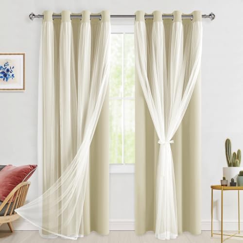 Hiasan Mix & Match Blackout Curtains with Sheer Overlay, Thermal Insulated Privacy Double Layer Room Darkening Window Curtains for Bedroom, Living Room, 2 Panels with Tiebacks, Light Beige, 52W X 84L