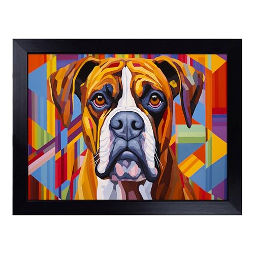 Lap Tray with Bean Bag Cushion, Boxer Dog Op Art - Handmade in the UK, Raised Wooden Edge, Padded Cushion, Heat-Resistant Wipe-Clean Surface, for Meals, Laptops and Crafts