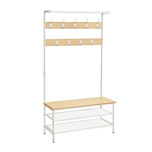 VASAGLE Coat Rack Stand, Large Hall Tree with Bench and Shoe Storage, 9 Hooks, Shoe Rack, Hanging Rail, 41.5 x 100 x 182 cm, for Hallway, Living Room, Bedroom, Oak and White HSR047W09