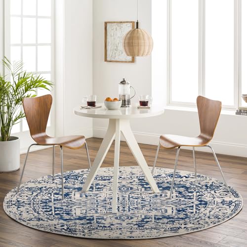 Livabliss Juliette Syracusa Round Carpet 160 cm, Living Room & Bedroom, Traditional Boho Style, Easy Care Pile, Blue Beige