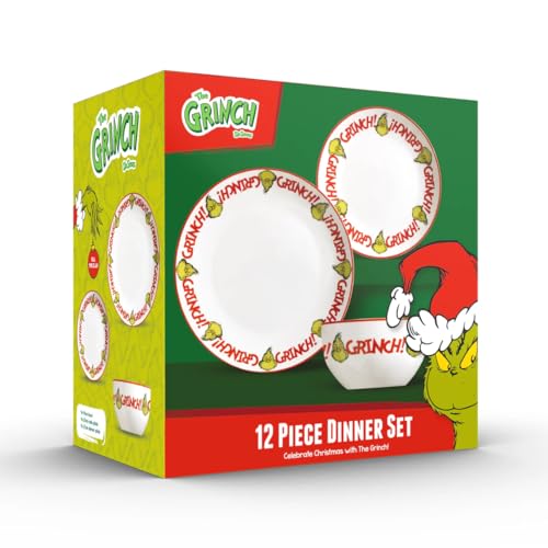 The Grinch??? 12-Piece Porcelain Dinnerware Set, 27cm Dinner Plates, 20cm Side Plates, 14cm Bowls, Christmas Collection, Microwave and Dishwasher Safe, Green