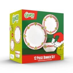 The Grinch??? 12-Piece Porcelain Dinnerware Set, 27cm Dinner Plates, 20cm Side Plates, 14cm Bowls, Christmas Collection, Microwave and Dishwasher Safe, Green