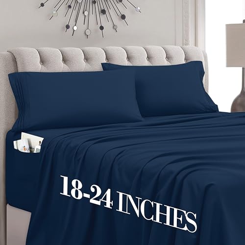 Mocassi Twin Size 4-Piece Bed Sheet Set - 1800 Premium Hotel Quality Microfiber 18-24 Inches Extra Deep Pocket Fitted Sheet- Luxury Soft, Breathable, Wrinkle, and Fade Resistant, Navy Blue