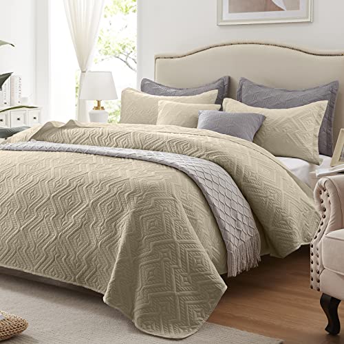 LEAONME Quilt Set King Size 3 Pieces, Lightweight Beige Bedspread-98''x106'', Soft Microfiber Summer Quilt/Coverlet, Luxurious Warm Bedding Sets for All Seasons (Includes 1 Quilt, 2 Shams)