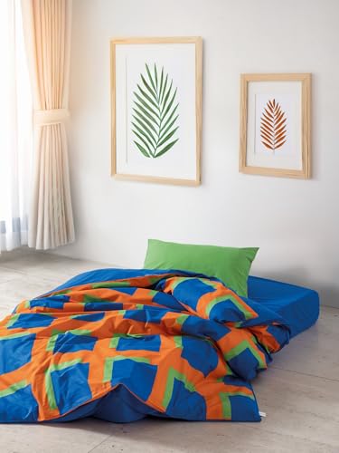 Nuit Des Rêves Ranforce Single XXL Quilt Cover Set (155 x 220 cm), 100% Cotton, Reactive Print, Blue/Green/Orange, Machine Washable, Button & Envelope Closure, Cosy & Stylish Bedding