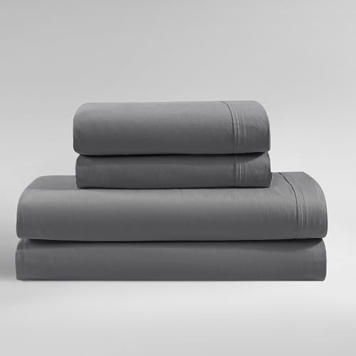 Calvin Klein - King Bed Sheets, Relaxed Garment Washed Cotton Percale Bedding Set with Matching Pillowcases, Deep Pockets, Oeko-TEX Certified (Washed Percale Graphite, King)
