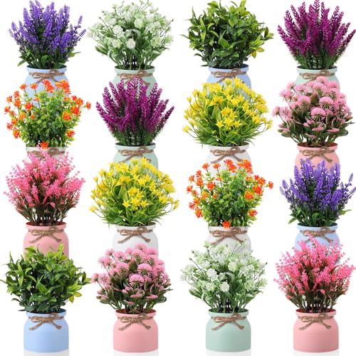 Cindeer 16 Pcs Artificial Potted Flowers Fake Potted Plants Plastic Faux Flowers for Home Decor Indoor Small Artificial Plants in Pots for Wedding Home Desk Tabletop Outdoor Office Kitchen