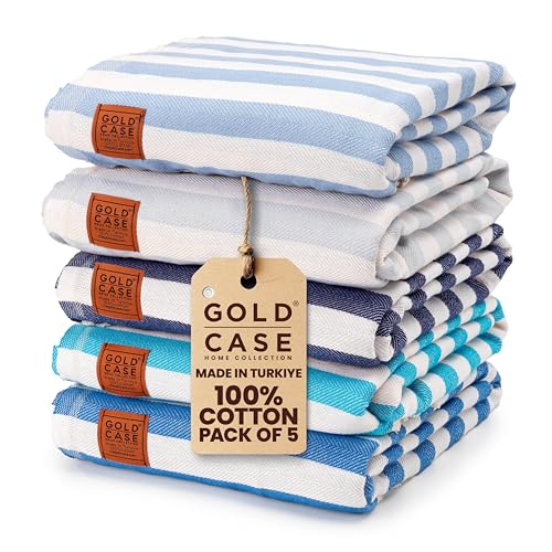 GOLD CASE Turkish Beach Towel Bath Towels MYRA Series - Set of 5 - XXL Oversized 70x40 inches -100% Cotton - Super Soft - Quick Dry Lightweight Sand Free Turkish Towel (5X-myra-Blues)