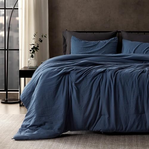 SLEEP ZONE Full Size Comforter Set, Duvet Insert with Natural Wrinkle Texture, Cotton-Linen Feel, Lightweight and Breathable Fluffy Bedding Sets with 1 Comforter and 2 Pillow Shams (Navy)