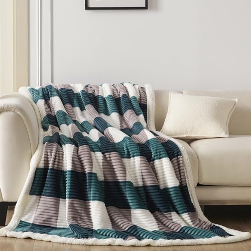 Gracelife Blanket for Women, Sherpa Throw Blanket for Couch, Flannel Cozy Soft Checkered Blanket for Bed - Fleece, Teal, 80x90 Inches