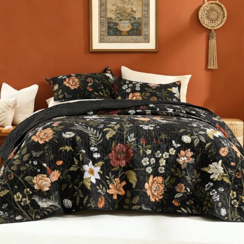 "Litanika Floral Black Quilt Queen - 3Pcs Botanical Birds Bedding Set - Bedspread Botanical Bird Lightweight Soft Coverlet with Red Flower for All Seasons (96""x90"")"