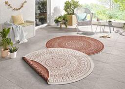 Northrugs Porto Indoor and Outdoor Rug Round - Round Reversible Rug Waterproof Mandala Design Flat Weave Rug Weatherproof for Balcony, Patio, Garden, Living Room in Terra Cream, Diameter 140 cm
