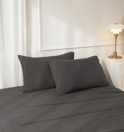 JIYUAN 100% Washed Cotton Pillowcases Set Envelope Closure Pack of 2 Comfy Simple Style Soft Breathable Textured Durable Linen Feel Bedding for All Seasons Standard Size, Solid Dark Grey