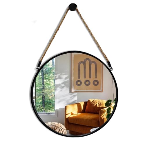 "POZINO Round Mirror, 15"" Rope Hanging Mirror, Farmhouse Circle Mirrors, Black Metal Frame Wall Mirrors for Bathroom, Bedroom, Living Room, Entryway, Home Decor"