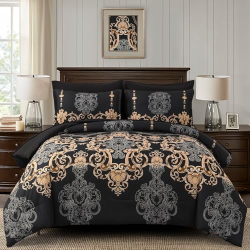 "Mybedsoul Black Queen Comforter Set, 7 Pieces Gold Boho Bed in a Bag for Queen Bed, Damask Comforter with Sheets Pillowcases, Soft Microfiber Lightweight Bedding Sets for All Season(90""x90"")"