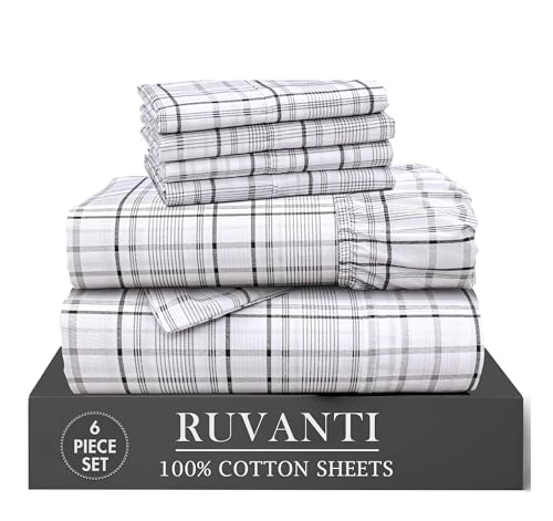 "Ruvanti 6 Pcs Cotton Sheets - 100% Natural Cotton Soft, Lightweight & Breathable Crispy Percale King Size Bed Sheets Set, 16"" Deep Pockets, Open Check"