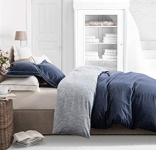SLEEPBELLA Duvet Cover Queen Size, 600 Thread Count Cotton Navy & Grey Printed with Luxurious Blue Leaves Pattern Reversible Botanical Comforter Cover Sets, Bedding Set 3Pcs (Queen, Navy-Blue Leaves)