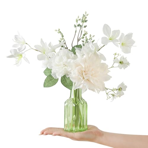 GAATEEK Faux Flowers with Vase,Small Artificial Silk Roses in Vase, Fake Plant Eucalyptus Flower Arrangement for Home Office Decoration, Living Room and Dining Table Centerpiece