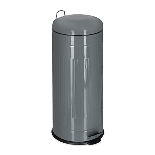 Relaxdays 30L Pedal Bin, Bin Liner with Handle, Kitchen Waste Bin, Trash Can, Stainless Steel, Grey