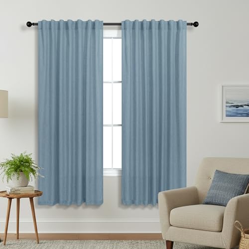 KOUFALL Smoke Blue Curtains for Dining Room 2 Panels Linen Blend Semi Sheer Privacy Textured Sheer Blinds for Bedroom Living Room 63 Inch Length 2 Panels