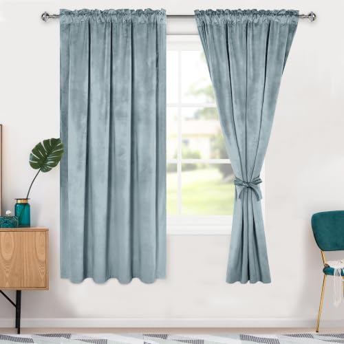 Hiasan Velvet Curtains 63 inch Blackout Rod Pocket Thermal Insulated Soft Curtains Room Darkening Window Drapes with Tiebacks for Bedroom Living Room, Set of 2 Panels, 52W x 63L, Stone Blue
