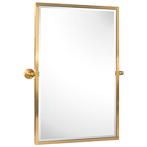 TEHOME 28.5 x 36 Brushed Gold Metal Framed Pivot Rectangle Bathroom Mirror in Stainless Steel Tilting Beveled Vanity Mirrors for Wall