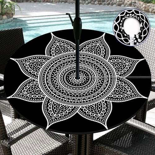 Outdoor Tablecloth with Umbrella Hole Waterproof Polyester Round Fitted Tablecloth with Elastic Zippered Table Cloth Round Cover for Picnic, Party (Black, S-(36''-44''))
