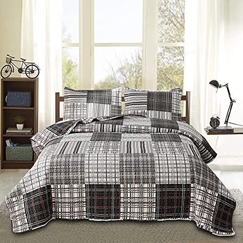 King Size Bedspread Set - Plaid Patchwork Stripe Modern Quilt Bedspread Bedding - Soft Lightweight Reversible Home Bedding - Black, White, Grey