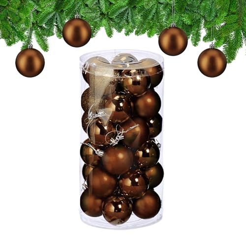 Relaxdays Christmas Bauble Set of 30, Glittery, Matt & Shiny Ornaments, Plastic Xmas Tree Balls, HxD: 7 x 6 cm, Brown