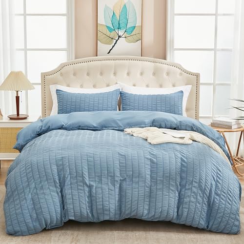 AveLom Grayish Blue Duvet Cover Full(80 x 90 inches), 3 Pieces (1 Duvet Cover, 2 Pillow Cases),Seersucker Tripe Soft Washed Microfiber Textured Duvet Cover Set with Zipper Closure, Corner Ties