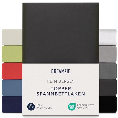 Dreamzie Premium Topper Fitted Sheet 90 x 200 cm - 100 x 200 cm - Extra Low Side Height - for Topper - Fitted Sheet Jersey Cotton, 150 g/m² - Oeko-Tex - Dark Grey