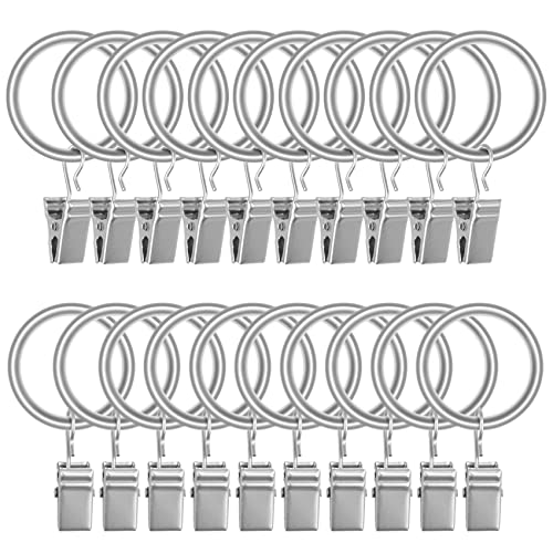 "Lansian 20pcs Rustproof Drapery Matte Stainless Steel Metal Curtain Rings with Clips,Tension Curtain Hangers Clips, Decorative Curtain Rod Window, Matte Silver (1"" Interior Diameter)"