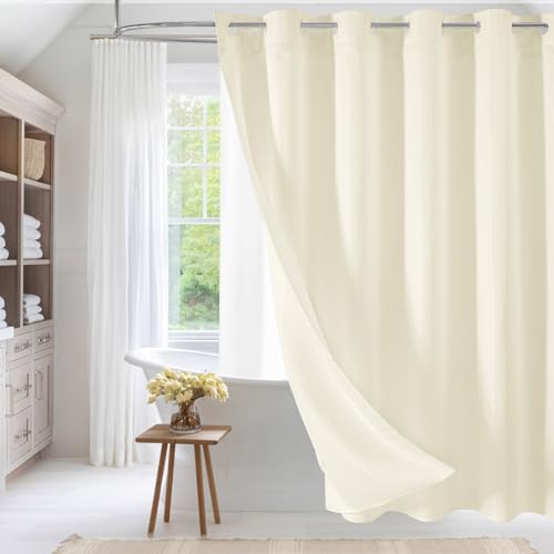 MitoVilla Ivory Long Shower Curtain Liner Set 72 x 80, No Hooks Needed 80 inch Long Heavyweight Fabric Shower Curtain Set with Snap-in Liner for Hotel Grade Spa-Like Bathroom Decor, Ivory/Beige