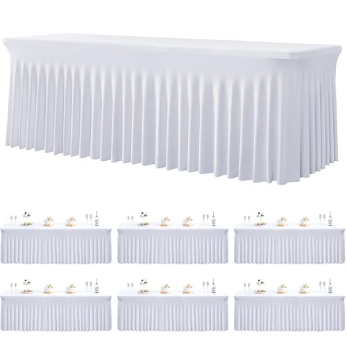 Htper 6 Pack Spandex White Tablecloths for 8 Foot Rectangle Tables, Stretchy Table Cloths 8ft Fitted Table Cover Desk Skirt for Parties Weddings Birthday Banquet Baby Shower