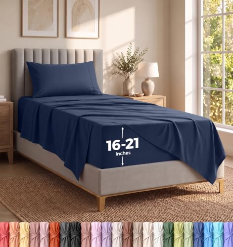 Extra Deep Pocket Twin Sheet Set - 3PCs Fits Up to 21 Inches - Navy - Hotel Luxury sheets - Ultra Soft and Breathable Microfiber - Fitted Sheet, Flat Sheet, 1 Pillowcases with Envelope Closure